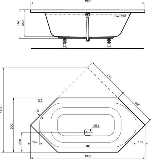 Шестиугольная встраиваемая акриловая ванна 190X90 см Ideal Standard K746901 TONIC II