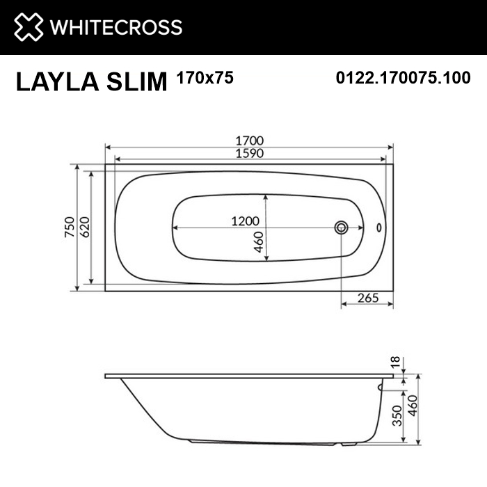 Акриловая ванна 170х75 см Whitecross Layla Slim Smart Nano 0122.170075.100.SMARTNANO.CR с гидромассажем