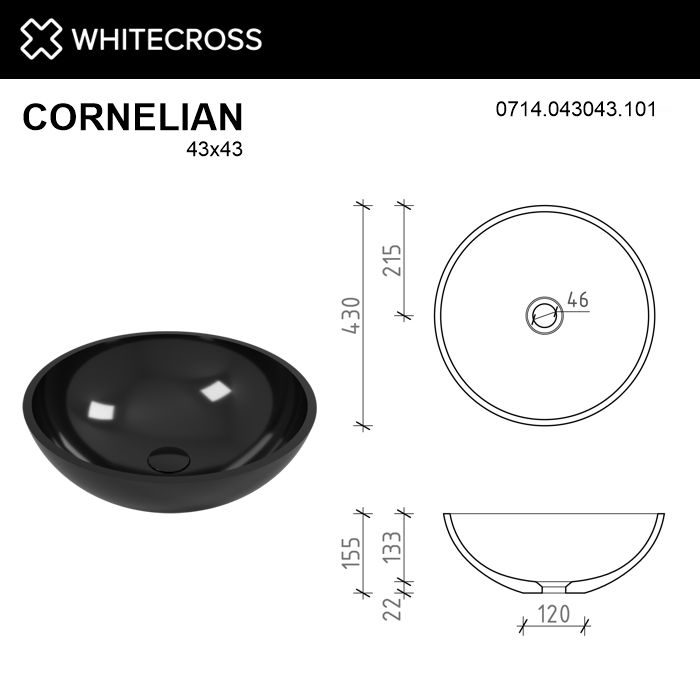 Раковина Whitecross Cornelian 43 см 0714.043043.101 глянцевая черная