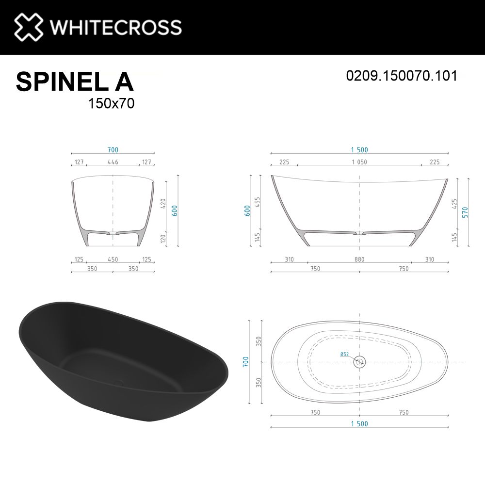 Ванна из искусственного камня 150х70 см Whitecross Spinel A 0209.150070.101 глянцевая черная