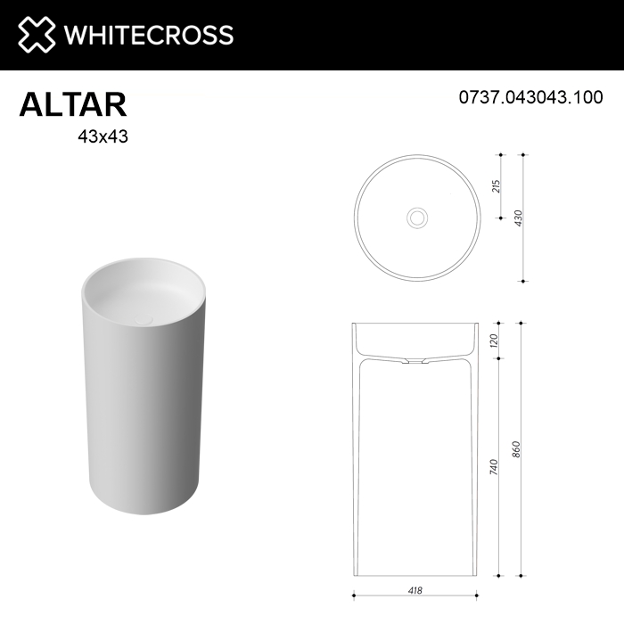 Раковина Whitecross Altar 43 см 0737.043043.100 белая глянцевая