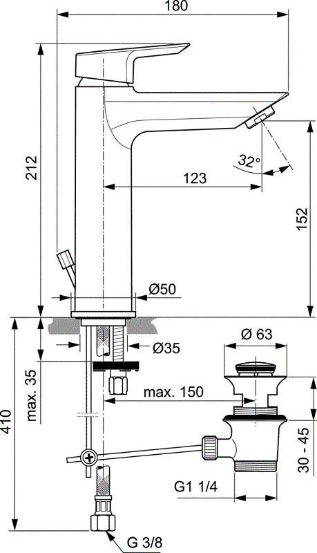 Смеситель для раковины Ideal Standard Tesi Grande A6563AA с донным клапаном - изображение 2