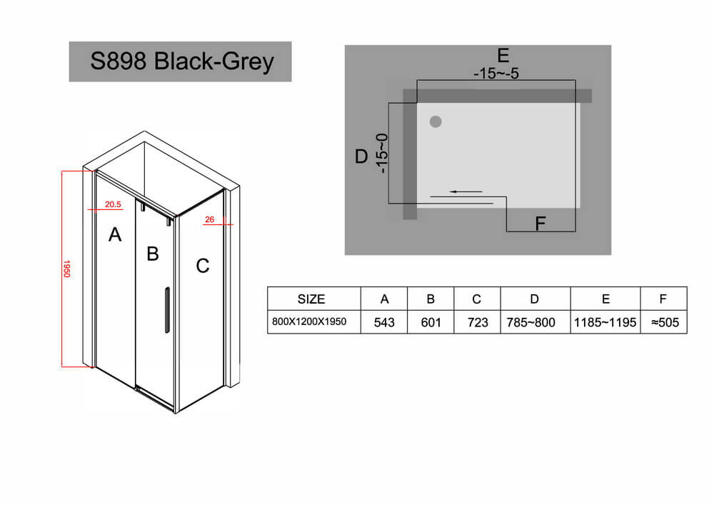Душевой уголок Black&White Stellar Wind S898 Black-Grey 800х1200, 8988012