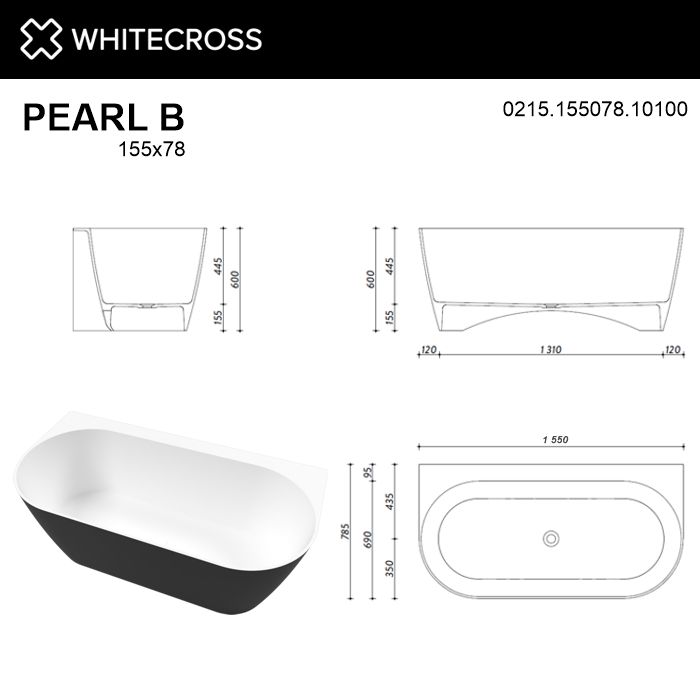 Ванна из искусственного камня 155х78 см Whitecross Pearl B 0215.155078.10100 глянцевая черно-белая