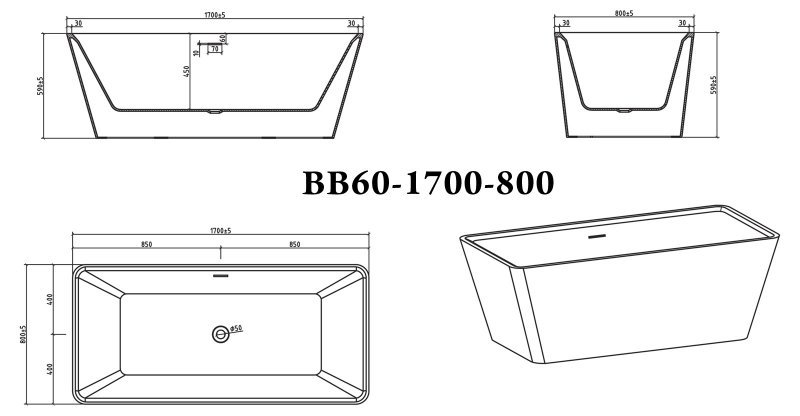 Акриловая ванна BelBagno BB60-1700-800, прямоугольная