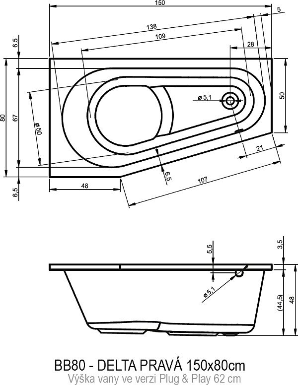 Акриловая ванна Riho Delta 150 см R Plug&Play