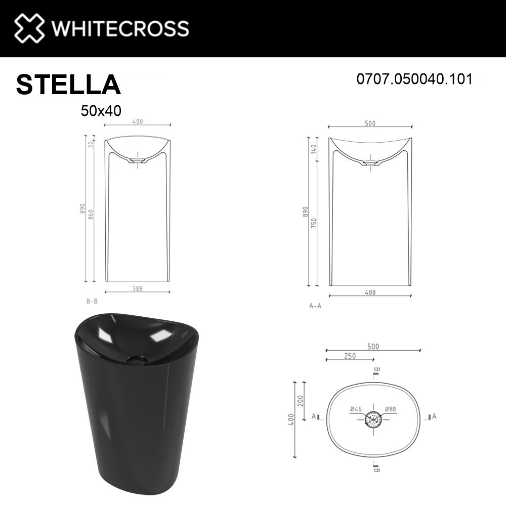 Раковина Whitecross Stella 50 см 0707.050040.101 глянцевая черная