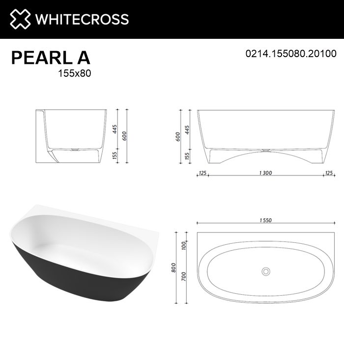 Ванна из искусственного камня 155х80 см Whitecross Pearl A 0214.155080.20100 матовая черно-белая