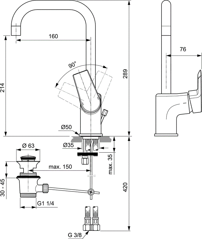 Смеситель для раковины Ideal Standard Tesi A6571AA с донным клапаном - изображение 2