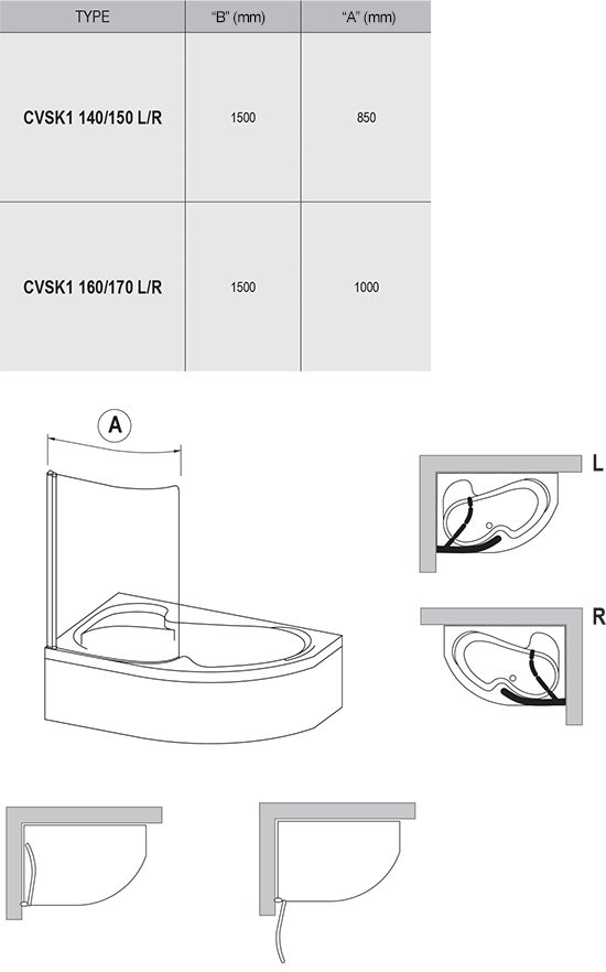 Шторка на ванну Ravak CVSK1 ROSA 140/150 R блестящая +  транспарент, серый