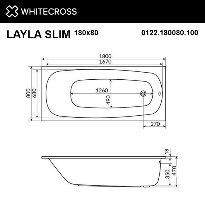 Акриловая ванна 180х80 см Whitecross Layla Slim 0122.180080.100 белая