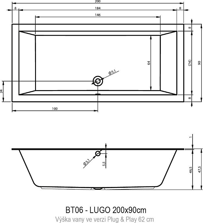 Акриловая ванна Riho Lugo 200x90 см L Plug&Play