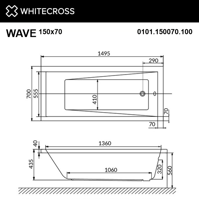 Акриловая ванна 150х70 см Whitecross Wave Line Nano 0101.150070.100.LINENANO.CR с гидромассажем