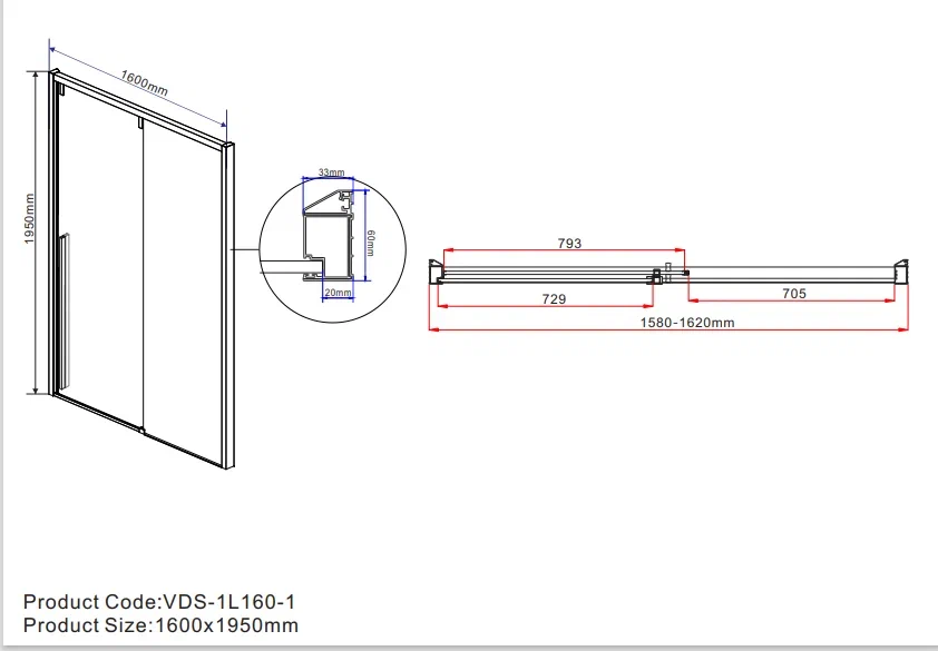 Душевая дверь Vincea Lugano 160x195 см, VDS-1L160CL-1, профиль хром, стекло прозрачное - 6 изображение