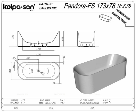 Акриловая ванна Kolpa San Pandora Fs 173х78 белая 593150 с интегрированной панелью - 3 изображение