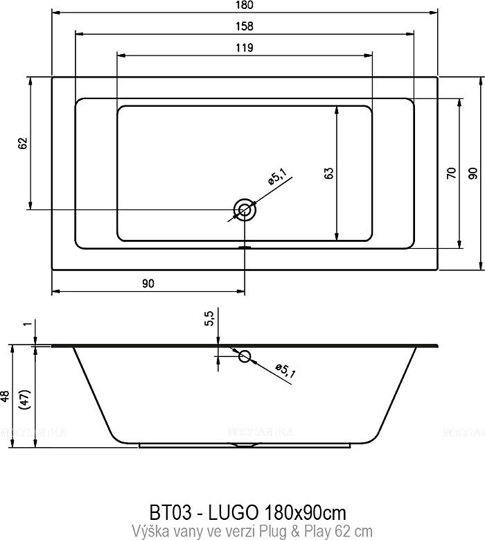 Акриловая ванна Riho Lugo 180x90 см R Plug&Play - изображение 3