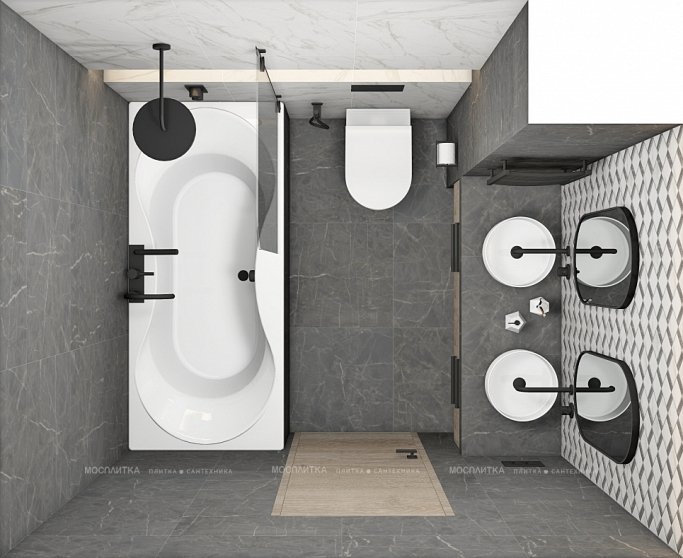Дизайн Совмещённый санузел в стиле Современный в черно-белом цвете №12880 - 2 изображение