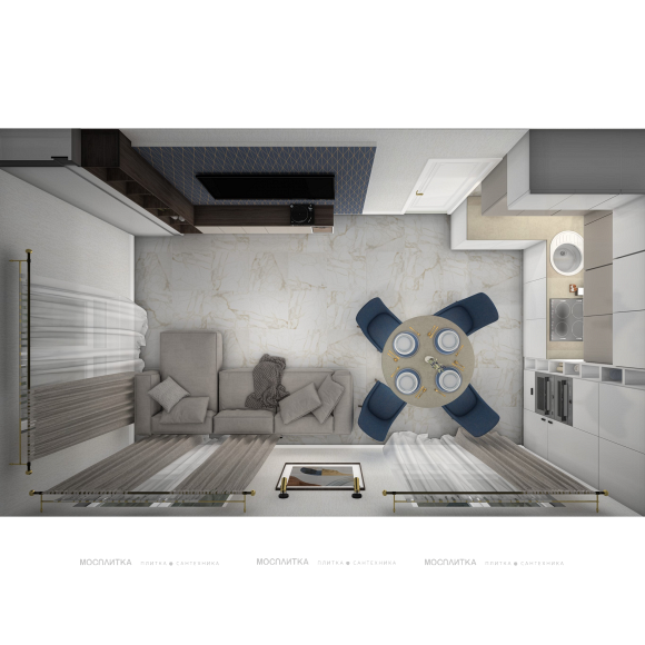 Дизайн Кухня-гостиная в стиле Неоклассика в бежевом цвете №12977 - 2 изображение