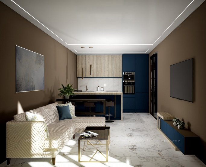 Дизайн Кухня-гостиная в стиле Современный в синем цвете №12673