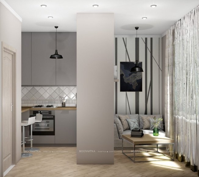 Дизайн Кухня-гостиная в стиле Минимализм в белом цвете №12534