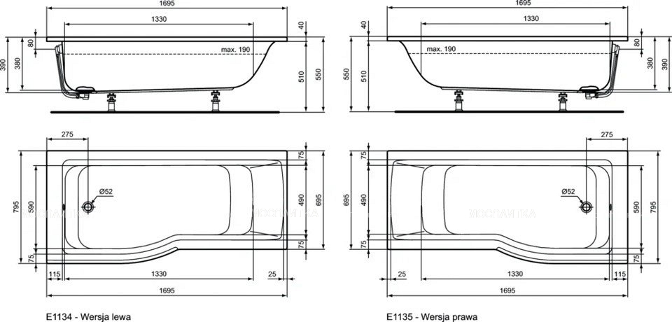 Асимметричная ванна 170х80 см Ideal Standard E113401 CONNECT AIR - изображение 2