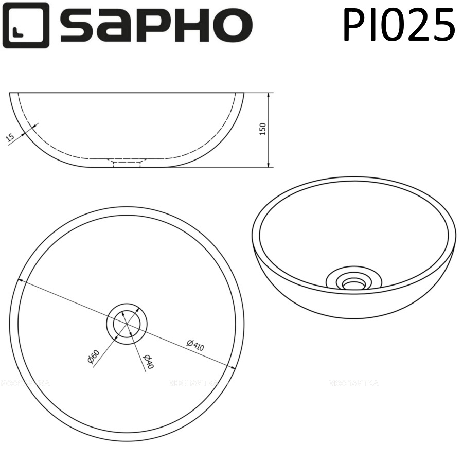 Раковина-чаша 40 см Sapho Priori PI025 черный / белый - изображение 7