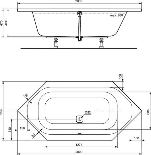 Шестиугольная встраиваемая акриловая ванна 200X100 см Ideal Standard K747001 TONIC II - изображение 3