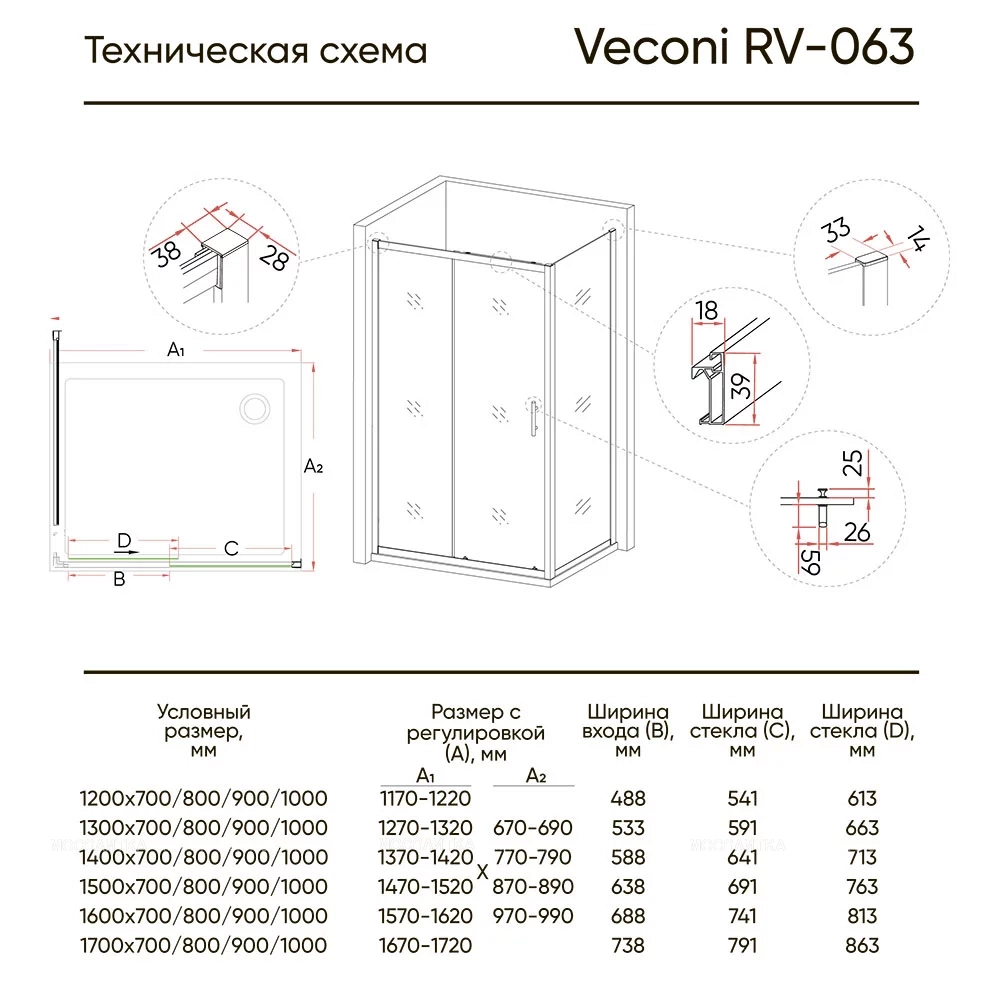 Душевой уголок Veconi Rovigo RV-063, 150x70x190 хром, стекло прозрачное - изображение 2