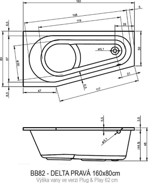 Акриловая ванна Riho Delta 160 см R Plug&Play - 3 изображение