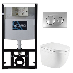 Комплект подвесной безободковый унитаз Azario Fora AZ-8010-1000 + AZ-8200-0011 + AZ-0017 E-R с микролифтом  +  система инсталляции с кнопкой смыва хром глянцевый