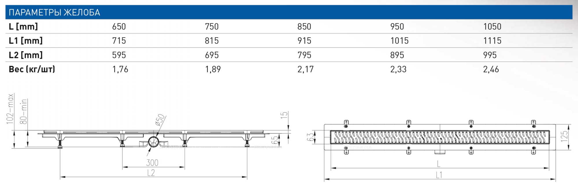 Душевой лоток 105 см Creto Walkway CRE-1050 WB-50 с решеткой, хром - изображение 2