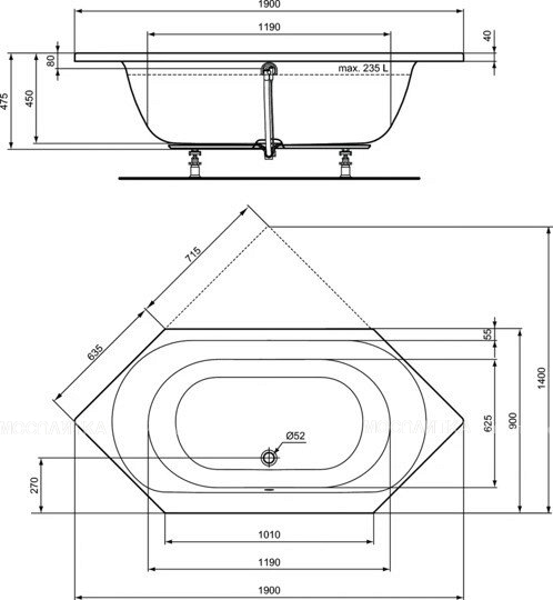 Встраиваемая акриловая шестиугольная ванна 180х90 см Ideal Standard E106901 CONNECT AIR - изображение 3