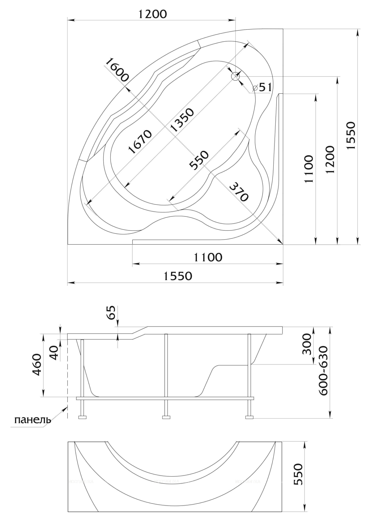 Акриловая ванна 1MarKa Grand Luxe 155x155 см (ванна, рама, панель) - изображение 4