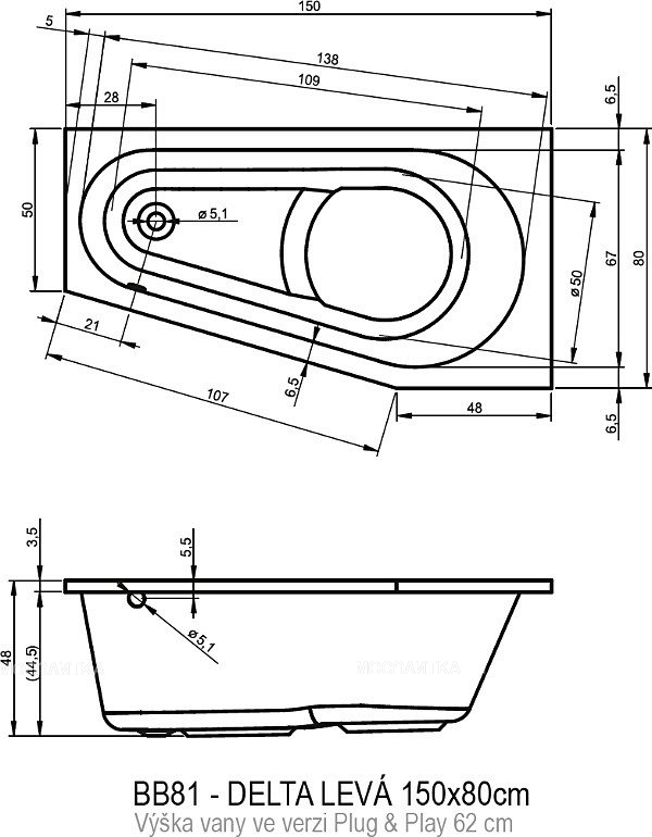 Акриловая ванна Riho Delta 150 см L Plug&Play - изображение 3