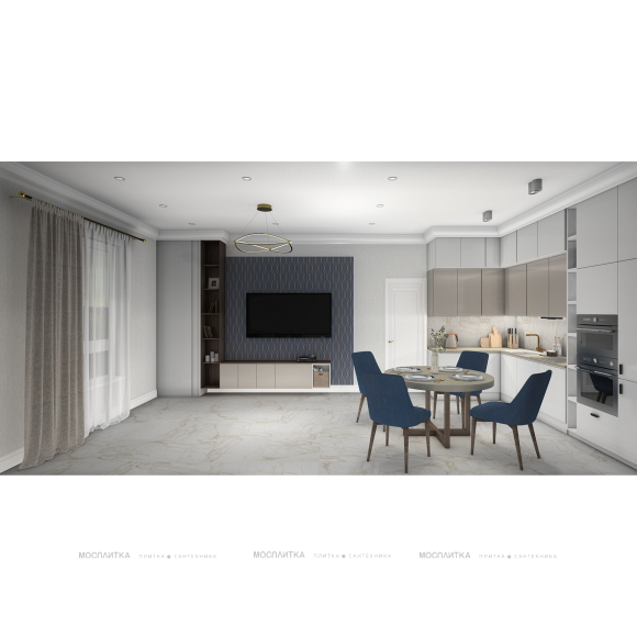 Дизайн Кухня-гостиная в стиле Неоклассика в бежевом цвете №12977 - 4 изображение