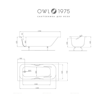 Чугунная ванна OWL 1975 Bjorn 170х75 см OWLIB191107 с ручками - 11 изображение