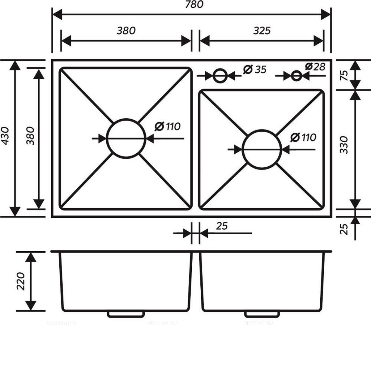 Мойка кухонная РМС MR-7843 c корзиной и дозатором, нержавеющая сталь - изображение 5