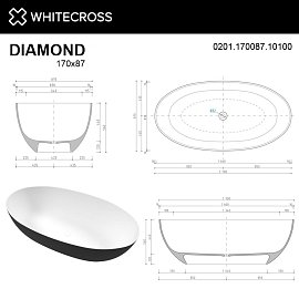 Ванна из искусственного камня 170х87 см Whitecross Diamond 0201.170087.10100 глянцевая черно-белая
