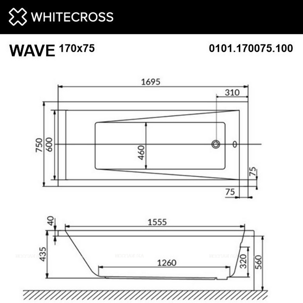 Акриловая ванна 170х75 см Whitecross Wave 0101.170075.100.LINENANO.GL белая - изображение 3