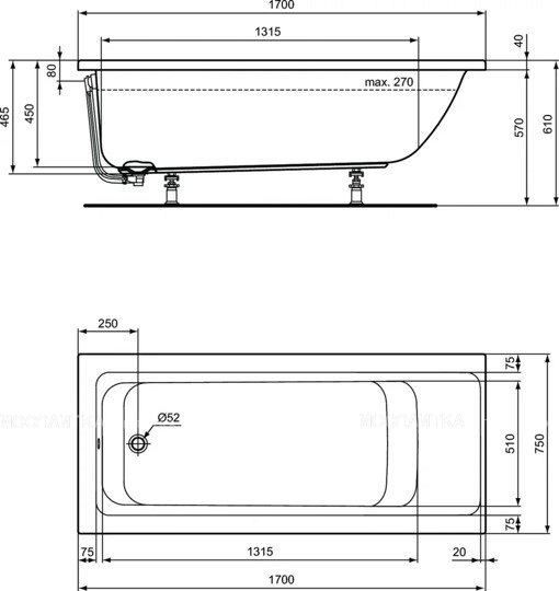 Встраиваемая акриловая прямоугольная ванна 170х75 см Ideal Standard E106401 CONNECT AIR - изображение 4