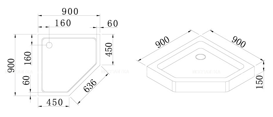 Душевой поддон Cezares Tray 90 см пятиугольный акриловый - изображение 4