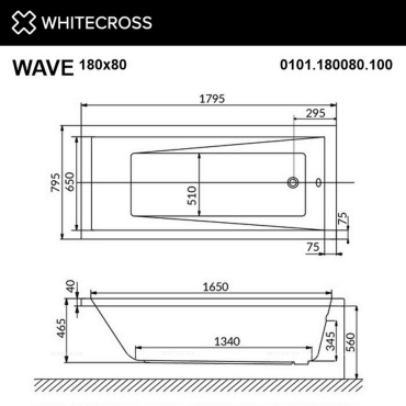 Акриловая ванна 180х80 см Whitecross Wave 0101.180080.100.LINENANO.GL белая - 3 изображение