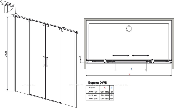 Душевая дверь Radaway Espera DWD 160 см стекло прозрачное, профиль хром - 10 изображение