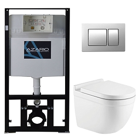 Комплект подвесной безободковый унитаз Azario Fora AZ-8010-1000 + AZ-8200-0030 + AZ-0017 E-R с микролифтом  +  система инсталляции с кнопкой смыва хром матовый