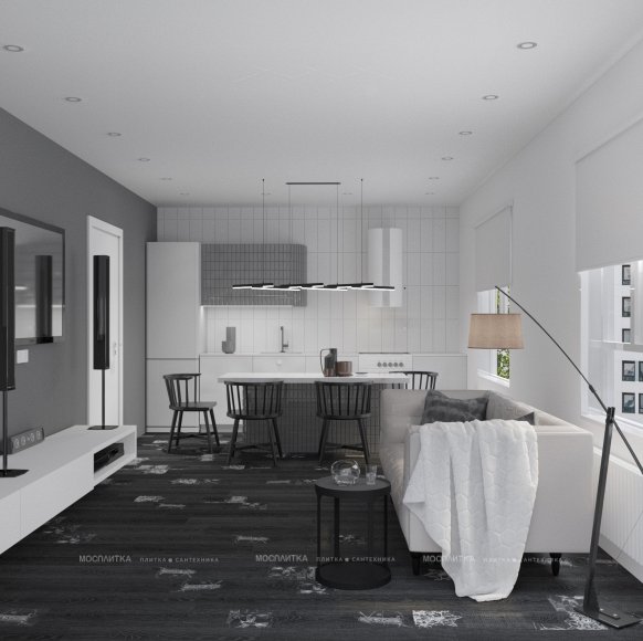 Дизайн Кухня-гостиная в стиле Современный в белом цвете №12999 - 7 изображение
