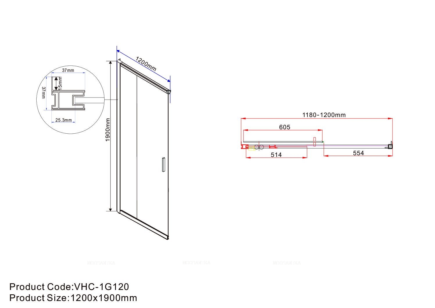 Дверь для душевого уголка Garda VHC-1G120CLB, черный, стекло прозрачное - изображение 6