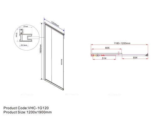Душевой уголок Vincea Garda VSS-1G8012CH, 1200*800, хром, стекло шиншилла - 5 изображение