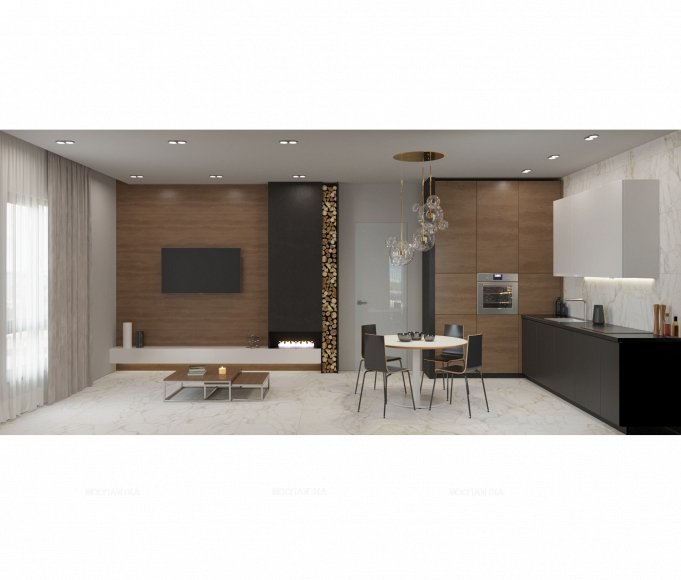 Дизайн Кухня-гостиная в стиле Современный в коричневом цвете №12975 - 4 изображение