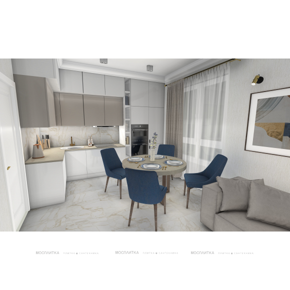 Дизайн Кухня-гостиная в стиле Неоклассика в бежевом цвете №12977 - 6 изображение