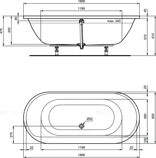 Встраиваемая акриловая овальная ванна 180х80 см Ideal Standard E106801 CONNECT AIR - изображение 4